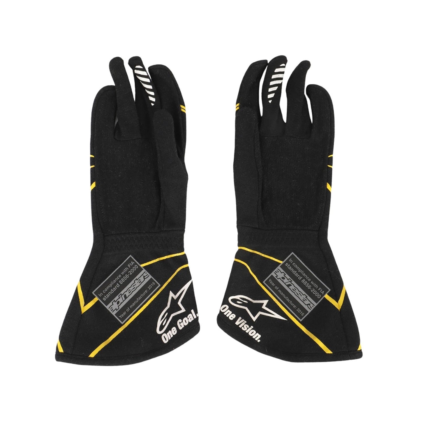 Black Kevin Magnussen 2016 Renault F1 Replica Race Gloves shown side-on, highlighting the wrist strap and grip texture for grand prix use