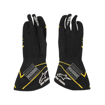 Black Kevin Magnussen 2016 Renault F1 Replica Race Gloves shown side-on, highlighting the wrist strap and grip texture for grand prix use