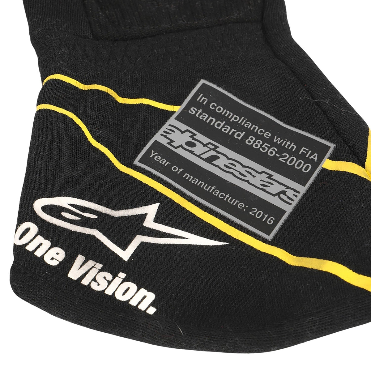 Black Kevin Magnussen 2016 Renault F1 Replica Race Gloves laid flat, front view, showing the full racing design and replica stitching