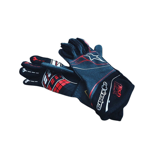 Black Lando Norris 2016 F1 Race Gloves laid flat, front view, showing the full racing design and replica stitching