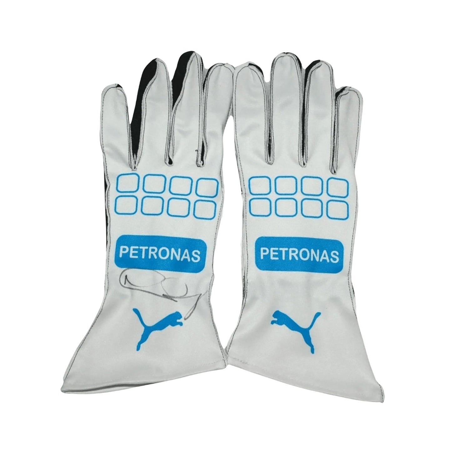White Nico Rosberg 2016 Mercedes Petronas F1 Race Gloves Replica laid flat, front view, showing the full racing design and replica stitching