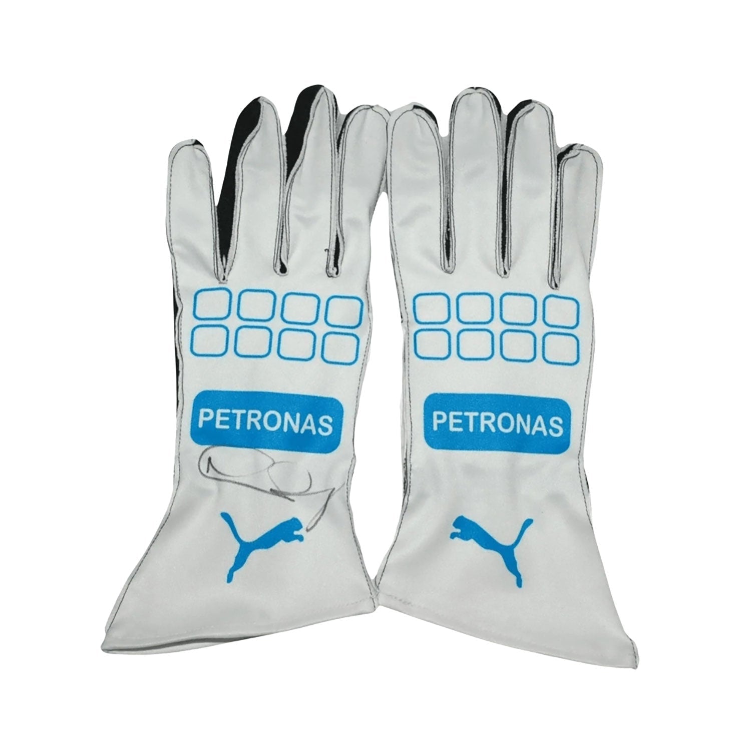White Nico Rosberg 2016 Mercedes Petronas F1 Race Gloves Replica laid flat, front view, showing the full racing design and replica stitching