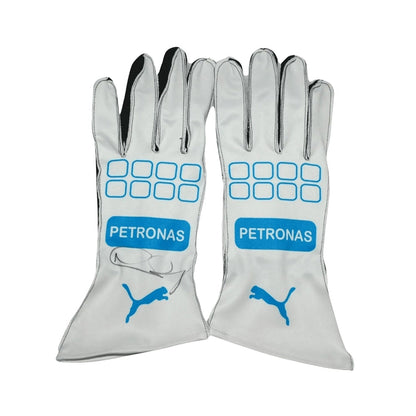 White Nico Rosberg 2016 Mercedes Petronas F1 Race Gloves Replica laid flat, front view, showing the full racing design and replica stitching