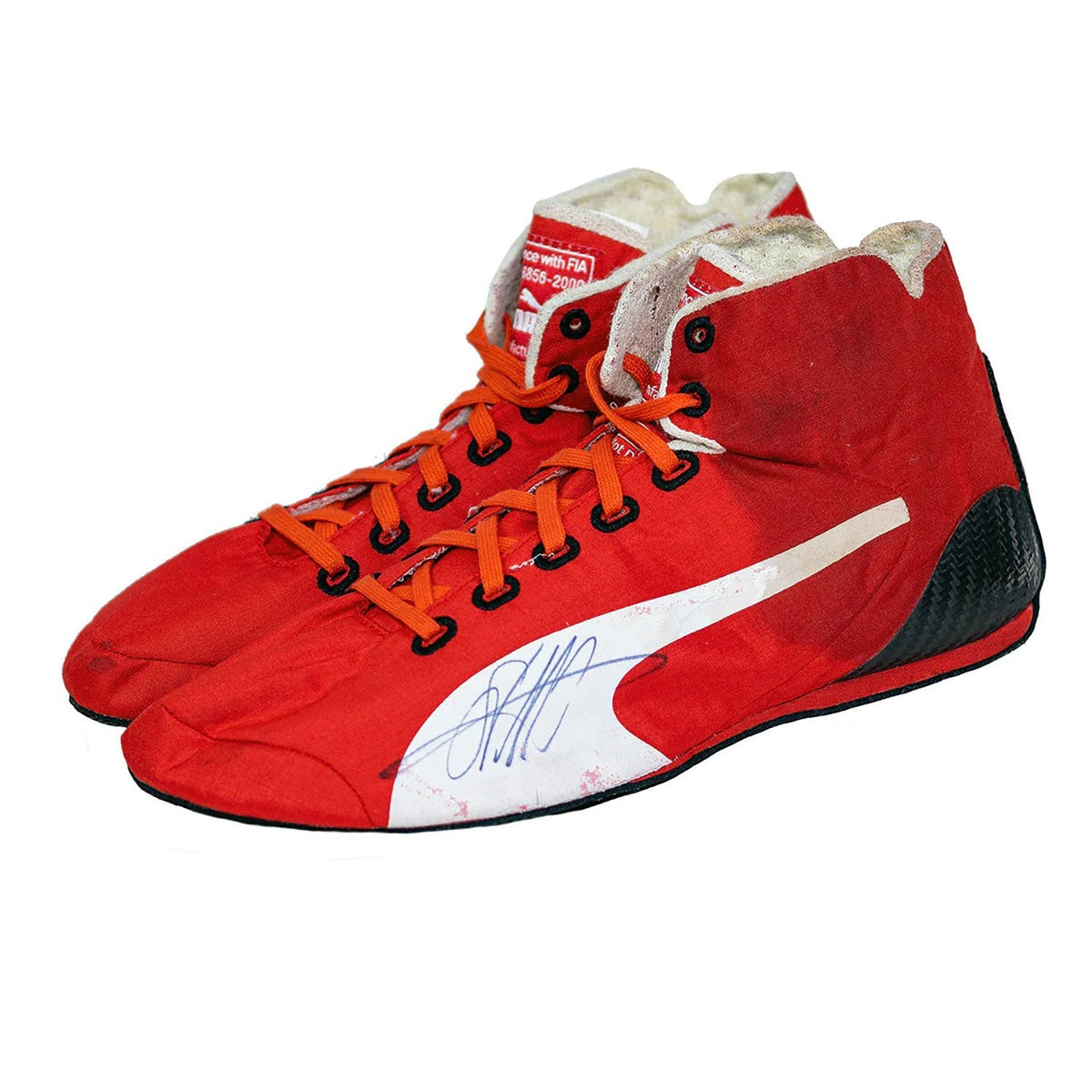 2016 Sebastian Vettel F1 Racing Shoes Replica in red and white, showing the laced front and padded collar. Race day attire footwear that matches any racing jumpsuit.