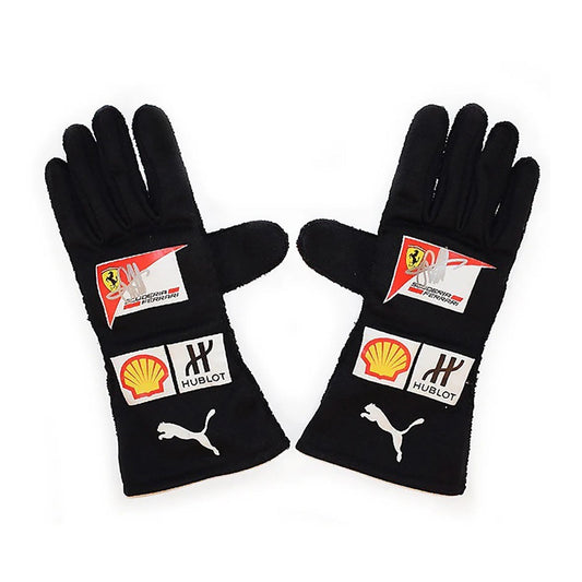 Black Sebastian Vettel 2017 Scuderia Ferrari F1 Replica Race Gloves laid flat, front view, showing the full racing design and replica stitching