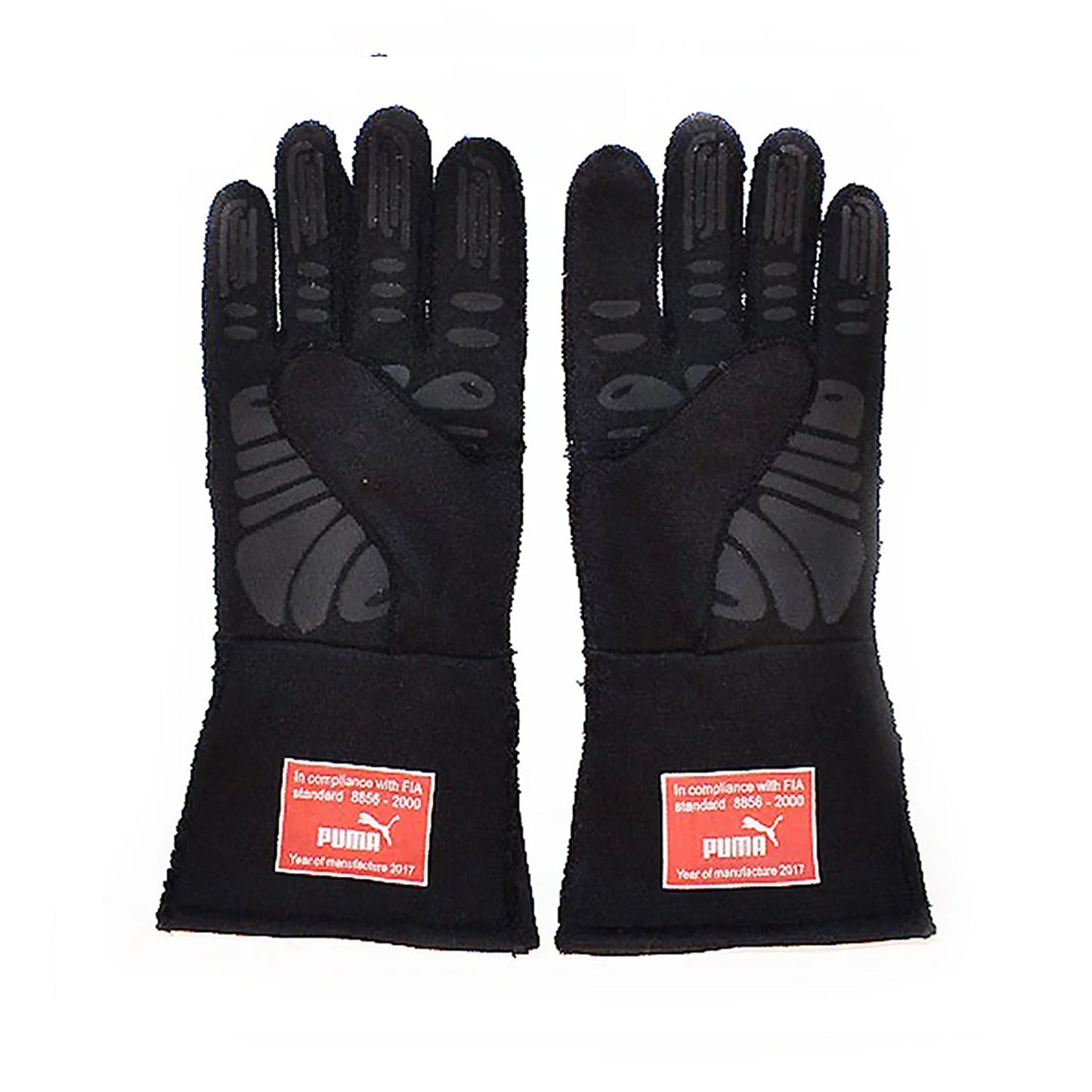 Black Sebastian Vettel 2017 Scuderia Ferrari F1 Replica Race Gloves shown side-on, highlighting the wrist strap and grip texture for grand prix use
