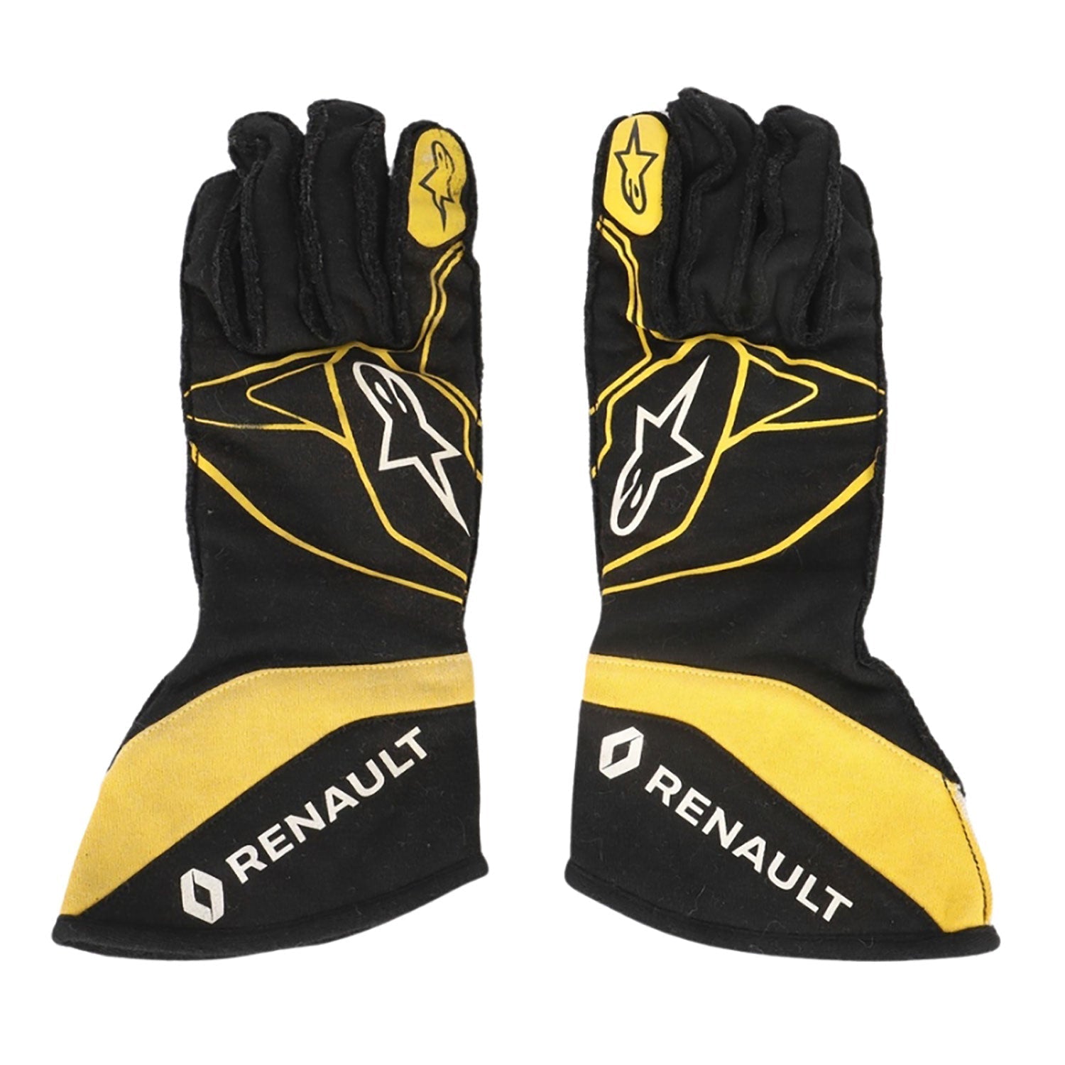 Black Carlos Sainz 2017 Renault F1 Replica Race Gloves laid flat, front view, showing the full racing design and replica stitching