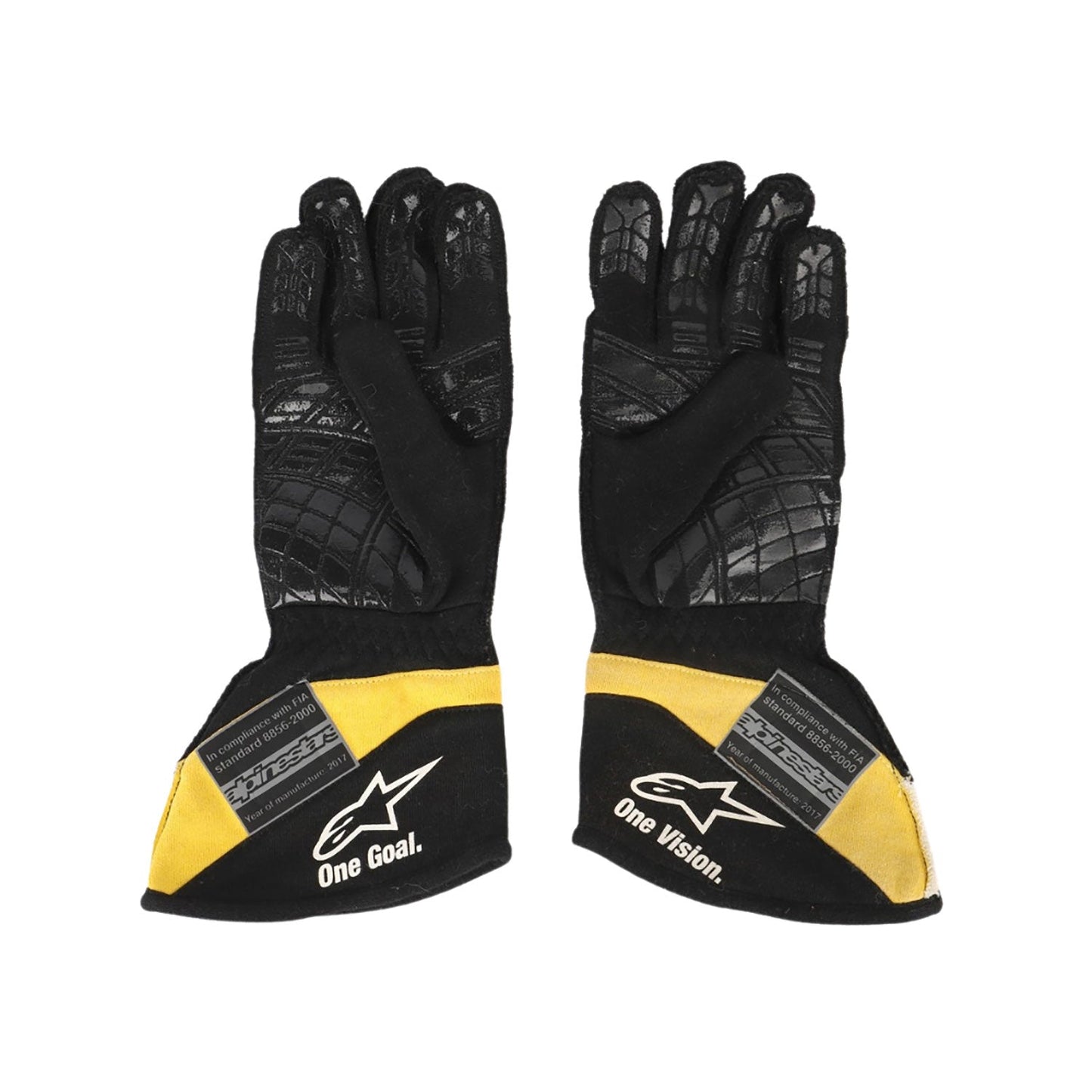 Black Carlos Sainz 2017 Renault F1 Replica Race Gloves shown side-on, highlighting the wrist strap and grip texture for grand prix use