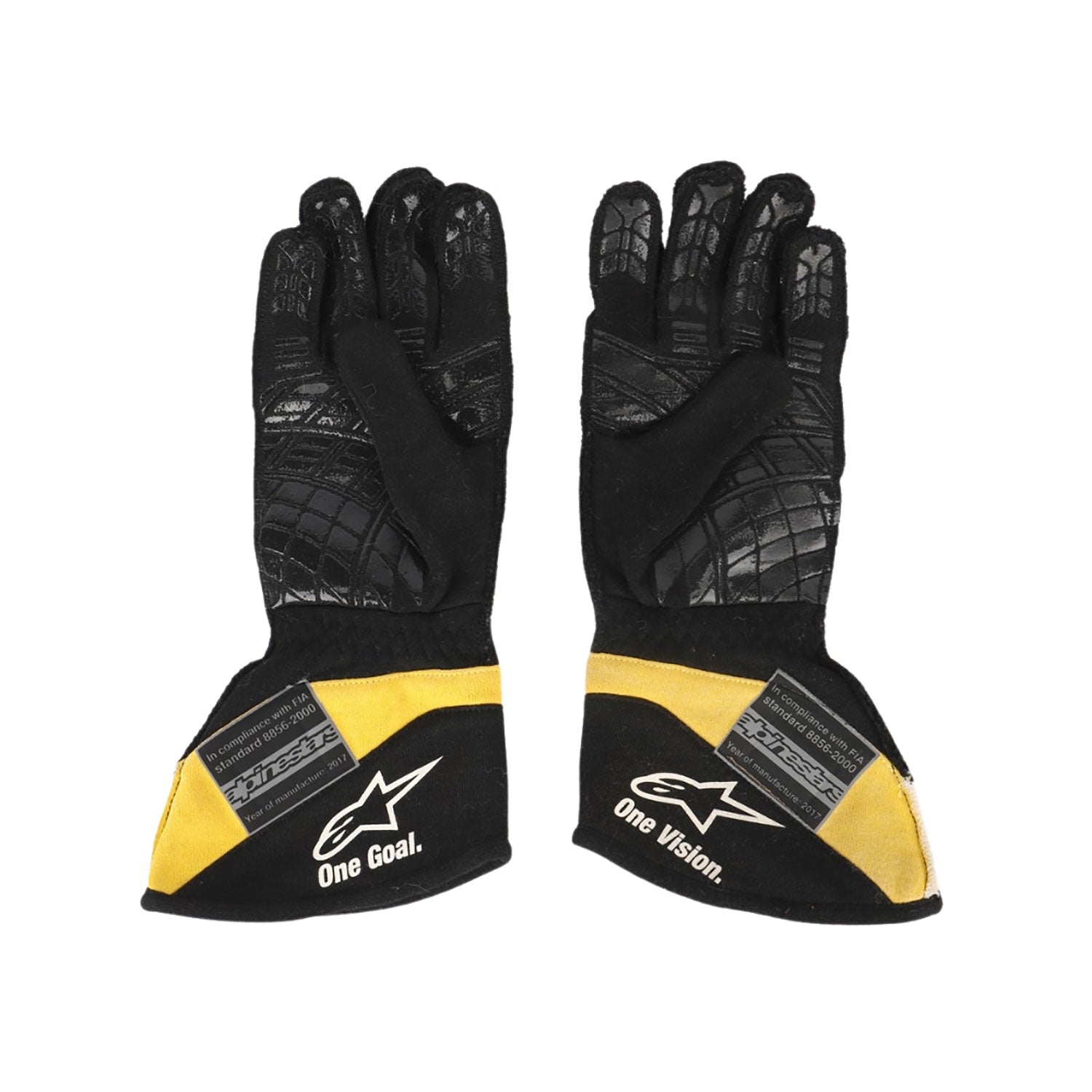 Black Carlos Sainz 2017 Renault F1 Replica Race Gloves shown side-on, highlighting the wrist strap and grip texture for grand prix use