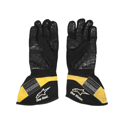 Black Carlos Sainz 2017 Renault F1 Replica Race Gloves shown side-on, highlighting the wrist strap and grip texture for grand prix use