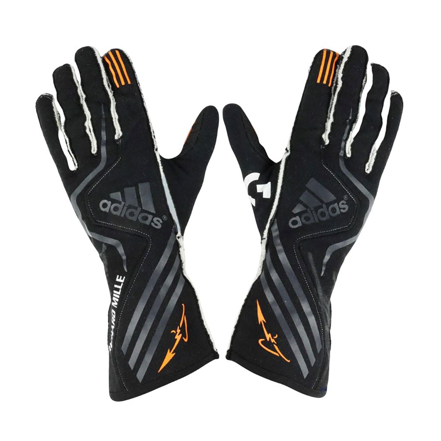 Black Fernando Alonso 2017 McLaren F1 Race Gloves Replica laid flat, front view, showing the full racing design and replica stitching