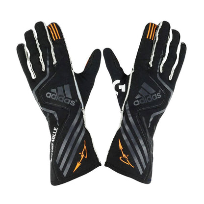 Black Fernando Alonso 2017 McLaren F1 Race Gloves Replica laid flat, front view, showing the full racing design and replica stitching