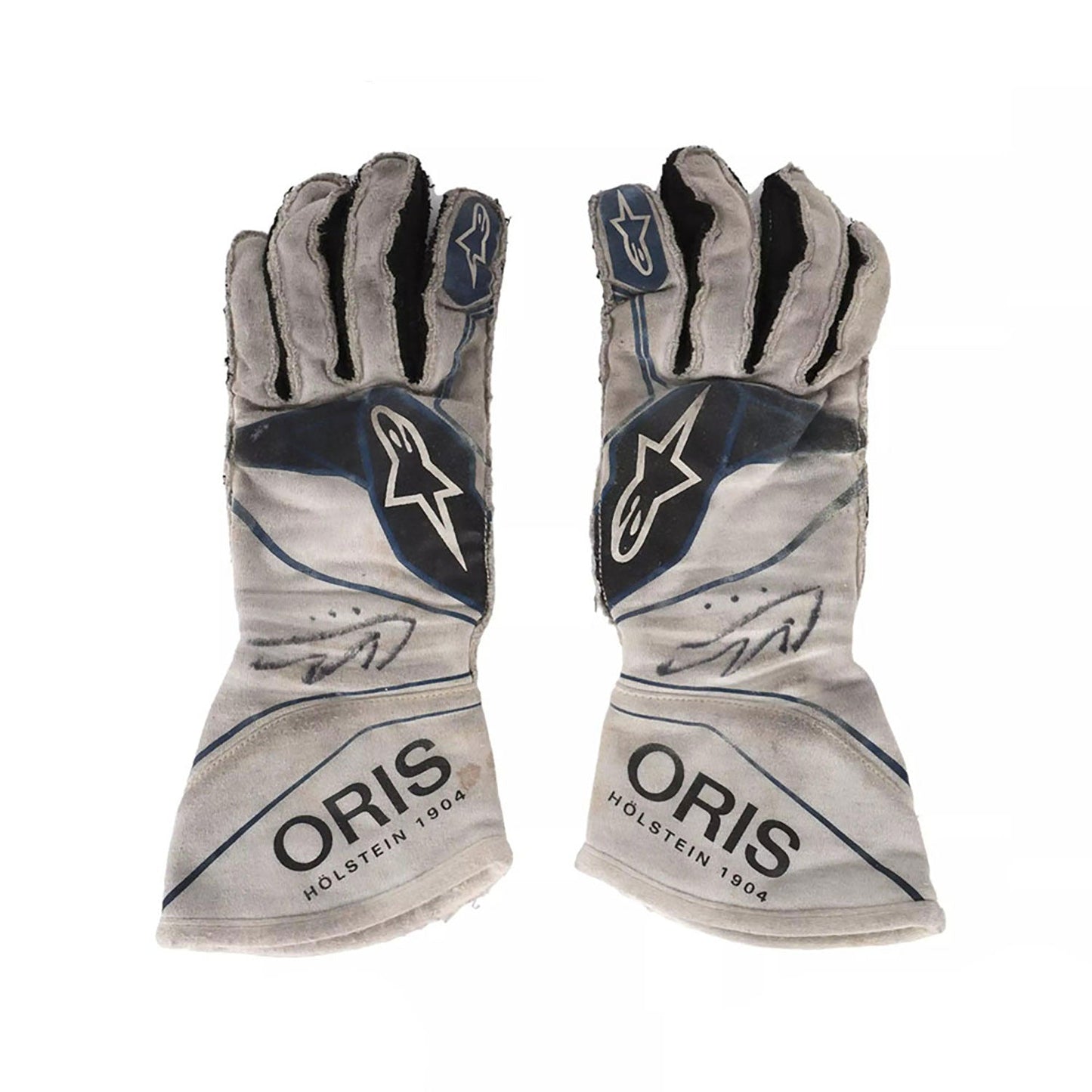 White Lance Stroll 2017 Williams Martini F1 Race Gloves laid flat, front view, showing the full racing design and replica stitching