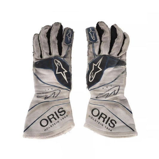 White Lance Stroll 2017 Williams Martini F1 Race Gloves laid flat, front view, showing the full racing design and replica stitching