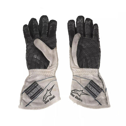 White Lance Stroll 2017 Williams Martini F1 Race Gloves shown side-on, highlighting the wrist strap and grip texture for grand prix use