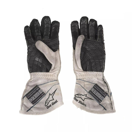 White Lance Stroll 2017 Williams Martini F1 Race Gloves laid flat, front view, showing the full racing design and replica stitching