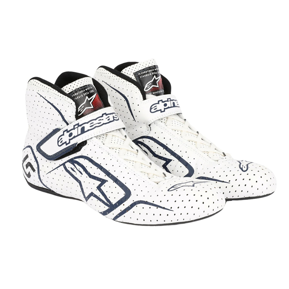2017 Lance Stroll White Racing Shoes in white, showing the laced front and padded collar. A neat match for a printed race suit or fan attire.