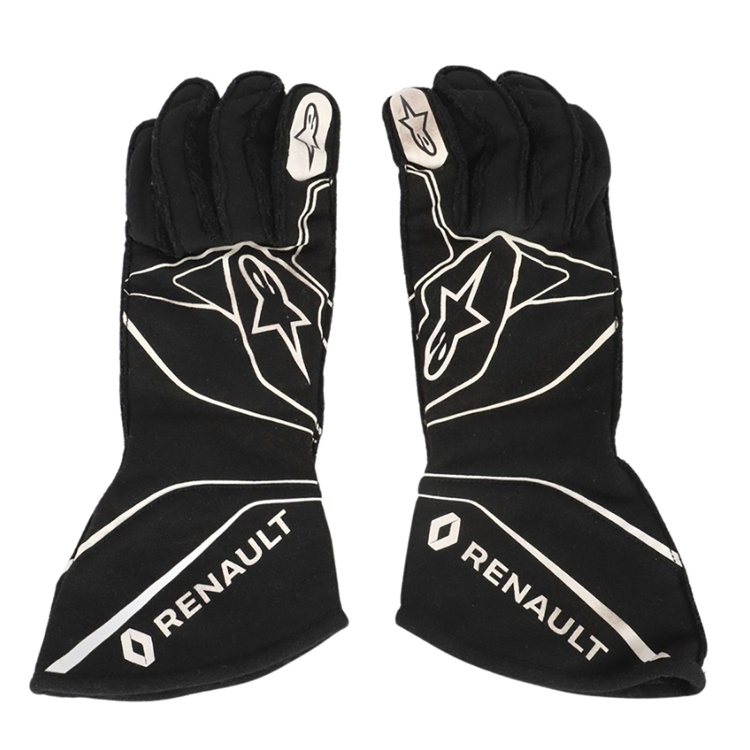 Black Nico Hülkenberg 2017 Renault F1 Replica Race Gloves laid flat, front view, showing the full racing design and replica stitching