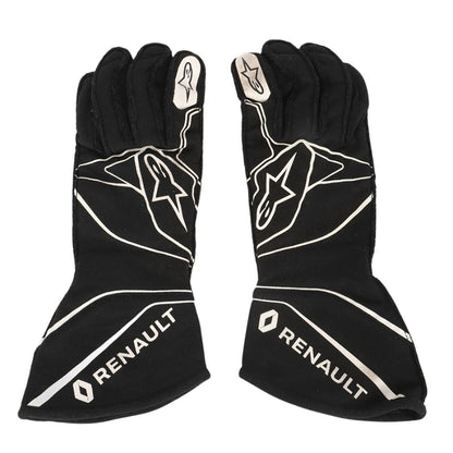 Black Nico Hülkenberg 2017 Renault F1 Replica Race Gloves laid flat, front view, showing the full racing design and replica stitching