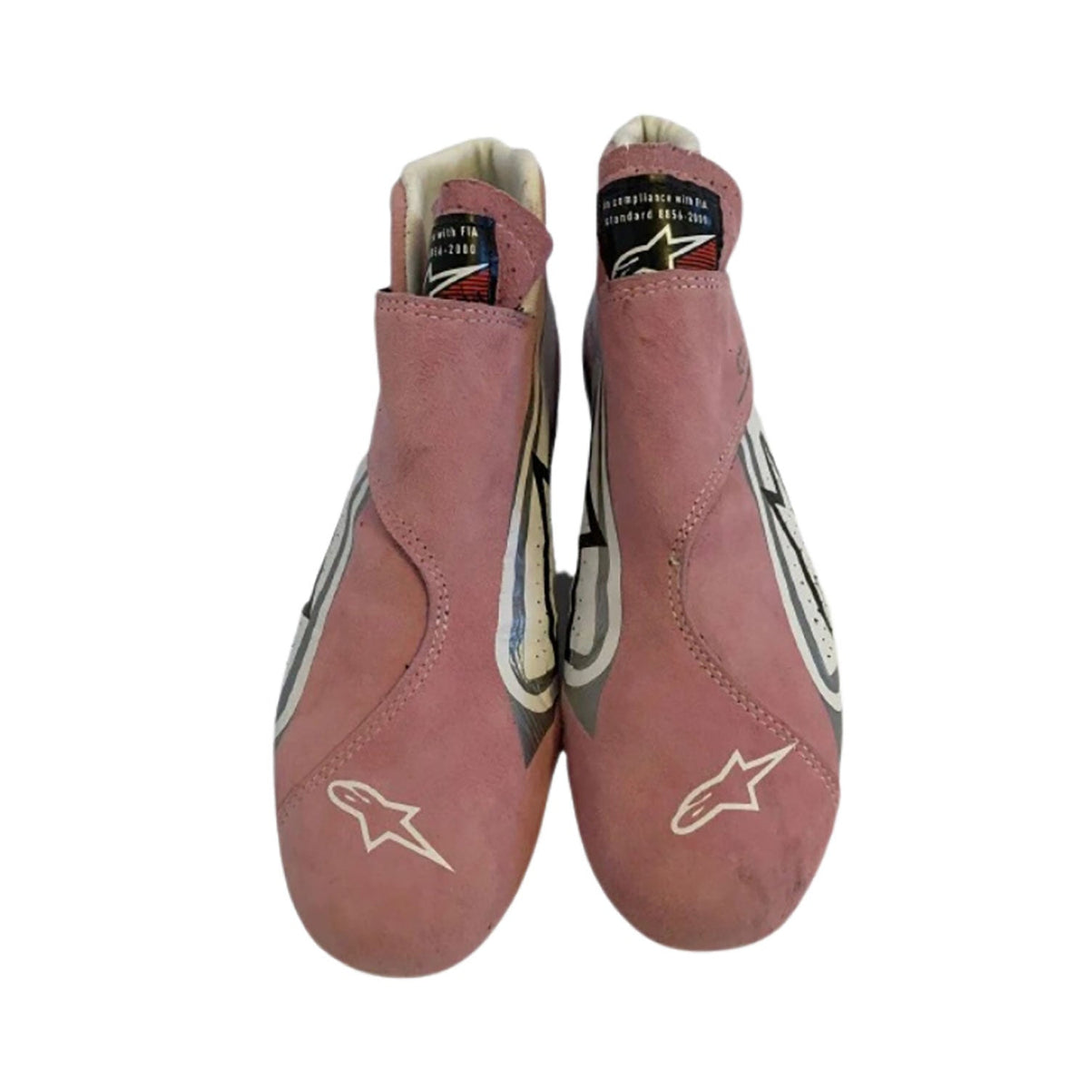 2018 Esteban Ocon Pink Racing Shoes in pink, showing the heel detail and soft lining. A neat match for a printed race suit or fan attire.