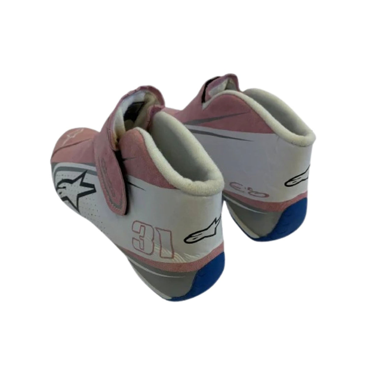 pink racing shoes for Esteban Ocon supporters, with logo-style graphics across the upper. Race day attire footwear that matches any racing jumpsuit.