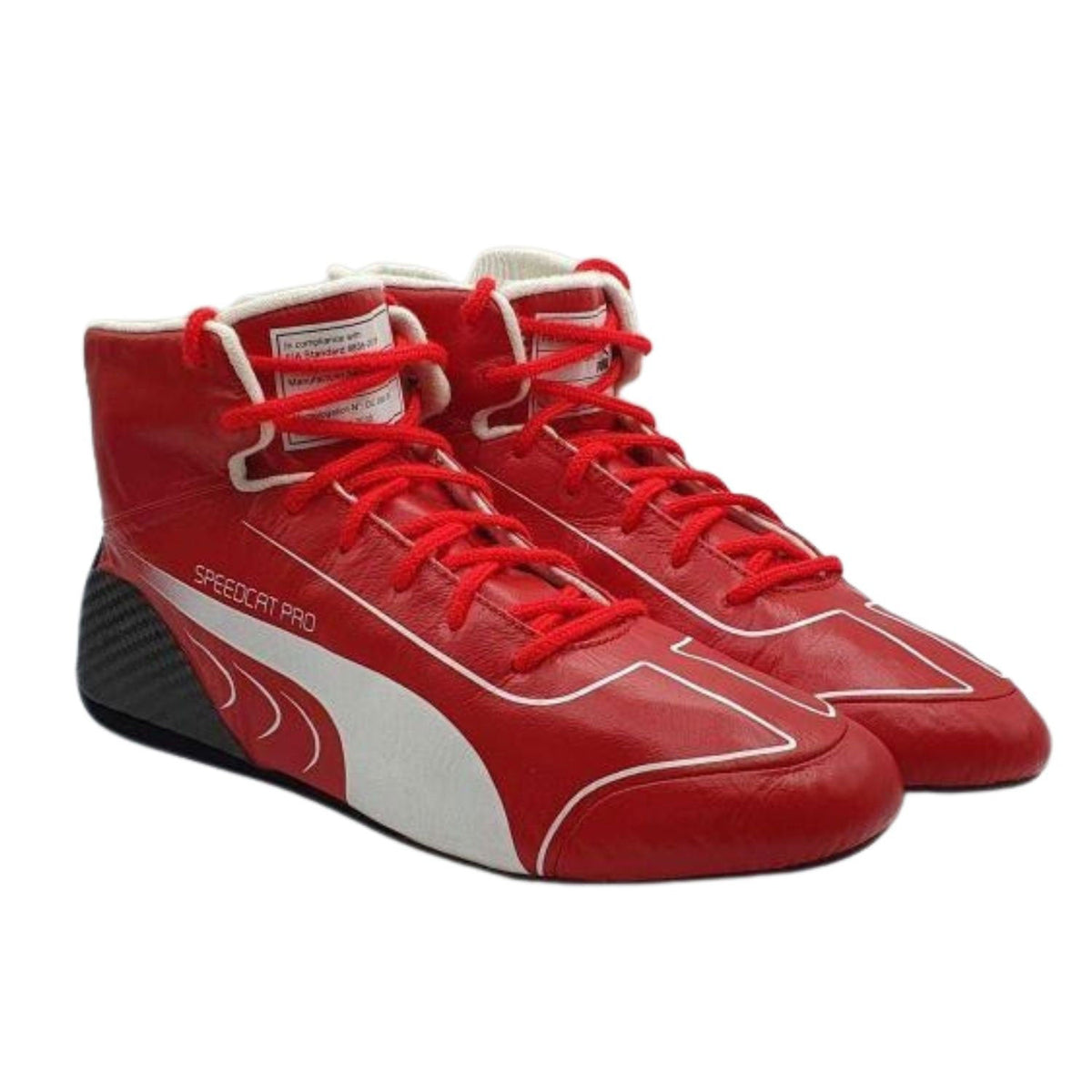 2018 Red and White F1 Racing Shoes in red and white, showing the grippy tread and light build. Comfortable fan shoes for supporters, karters and collectors.