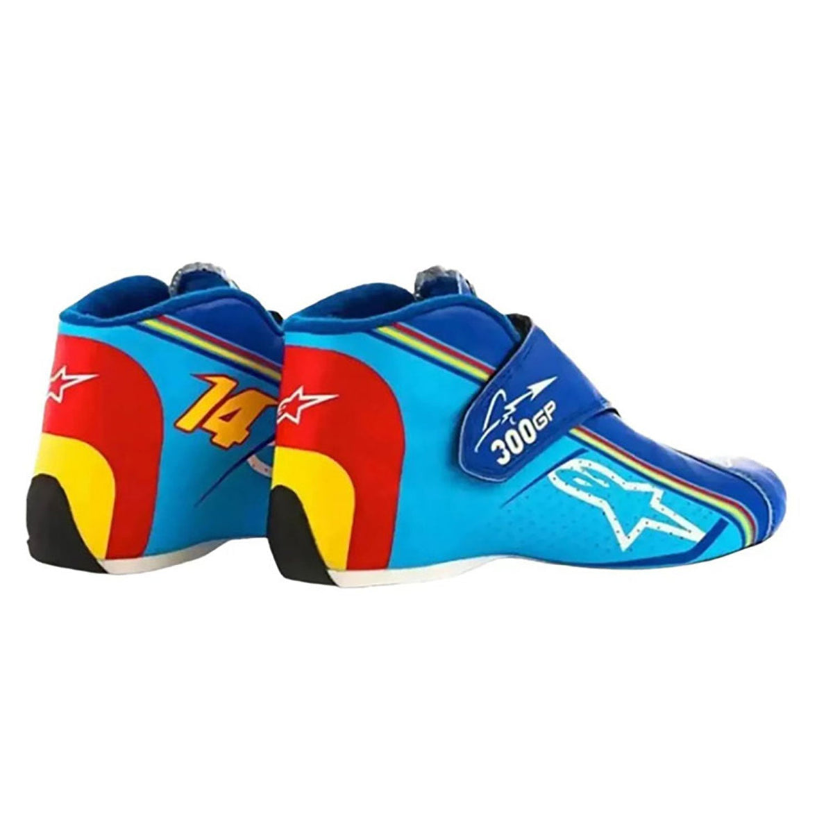 blue and red racing shoes for Fernando Alonso supporters, highlighting the moulded sole and low profile. Everyday racing attire for fans who never switch off.