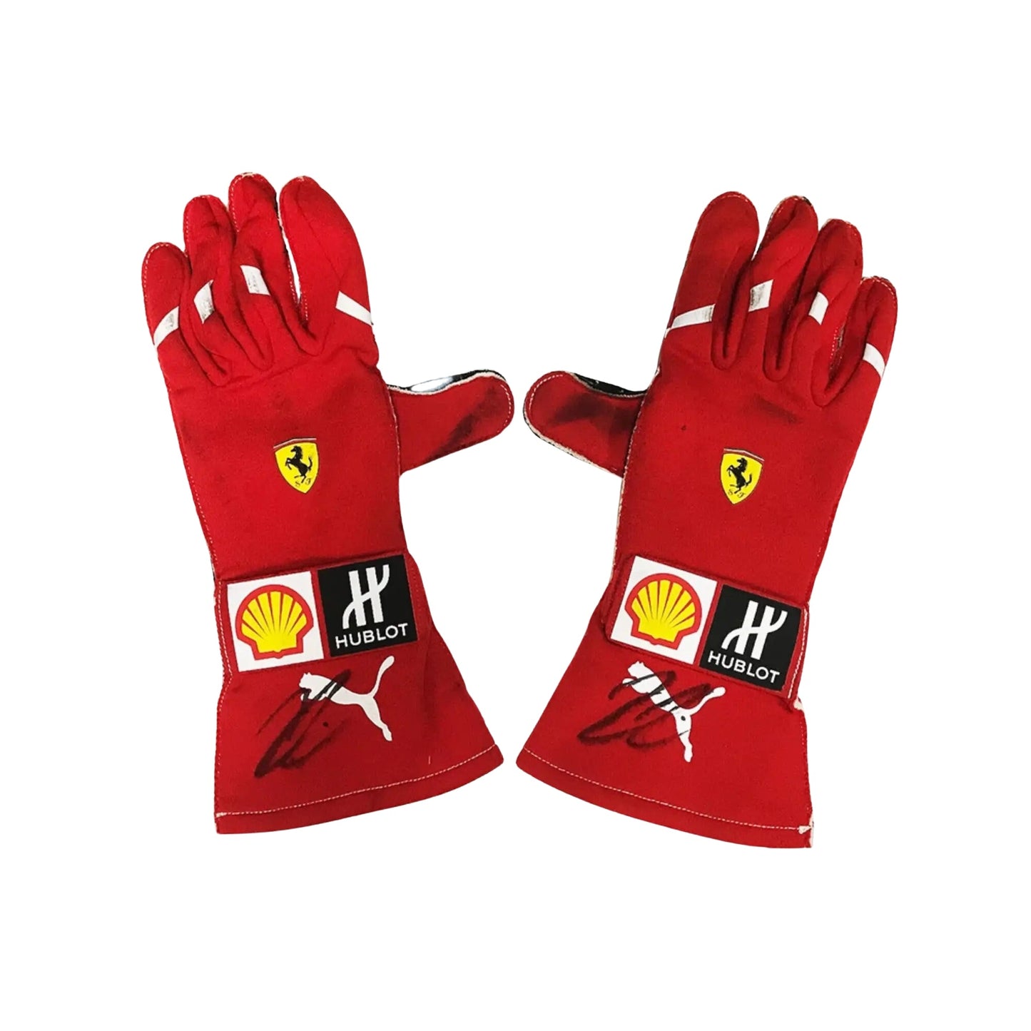 Black Kimi Räikkönen 2018 Ferrari F1 Race Gloves laid flat, front view, showing the full racing design and replica stitching
