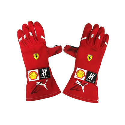 Black Kimi Räikkönen 2018 Ferrari F1 Race Gloves laid flat, front view, showing the full racing design and replica stitching