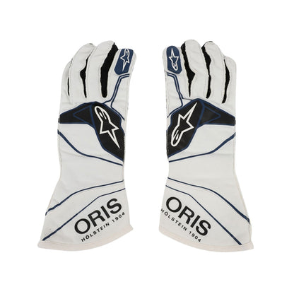 White Lance Stroll 2018 Williams Martini F1 Race Gloves laid flat, front view, showing the full racing design and replica stitching