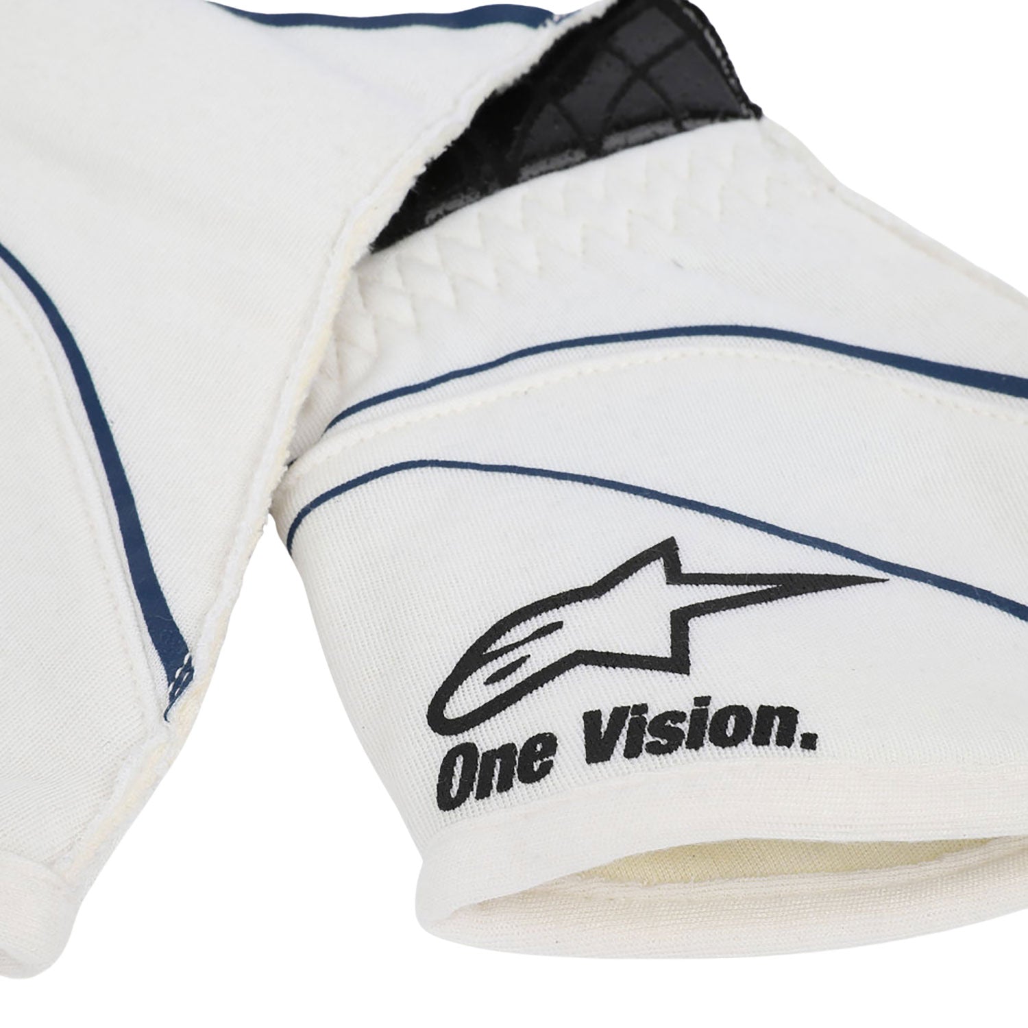 White Lance Stroll 2018 Williams Martini F1 Race Gloves laid flat, front view, showing the full racing design and replica stitching