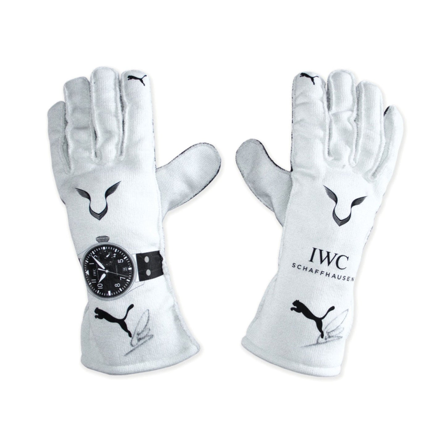 White Lewis Hamilton 2018 Mercedes F1 Race Gloves Replica laid flat, front view, showing the full racing design and replica stitching
