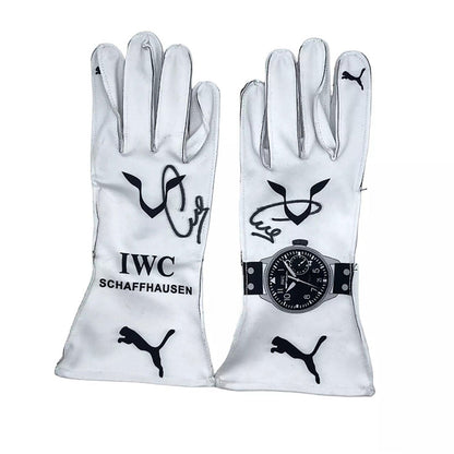 White Lewis Hamilton 2018 Mercedes F1 Race Gloves Replica shown side-on, highlighting the wrist strap and grip texture for grand prix use