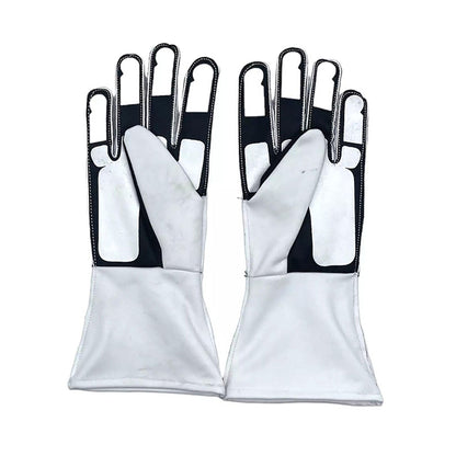 White Lewis Hamilton 2018 Mercedes F1 Race Gloves Replica in close-up detail, showing the palm grip pattern used in GP racing conditions