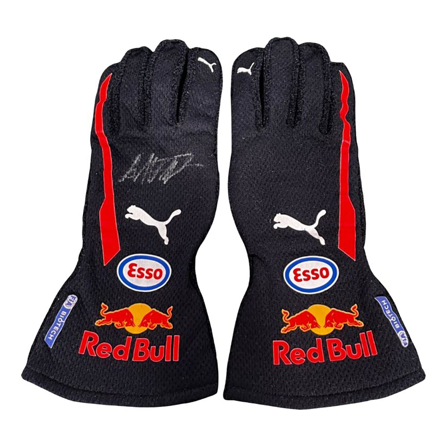 Blue Max Verstappen 2018 Red Bull F1 Race Gloves laid flat, front view, showing the full racing design and replica stitching