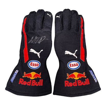 Blue Max Verstappen 2018 Red Bull F1 Race Gloves laid flat, front view, showing the full racing design and replica stitching