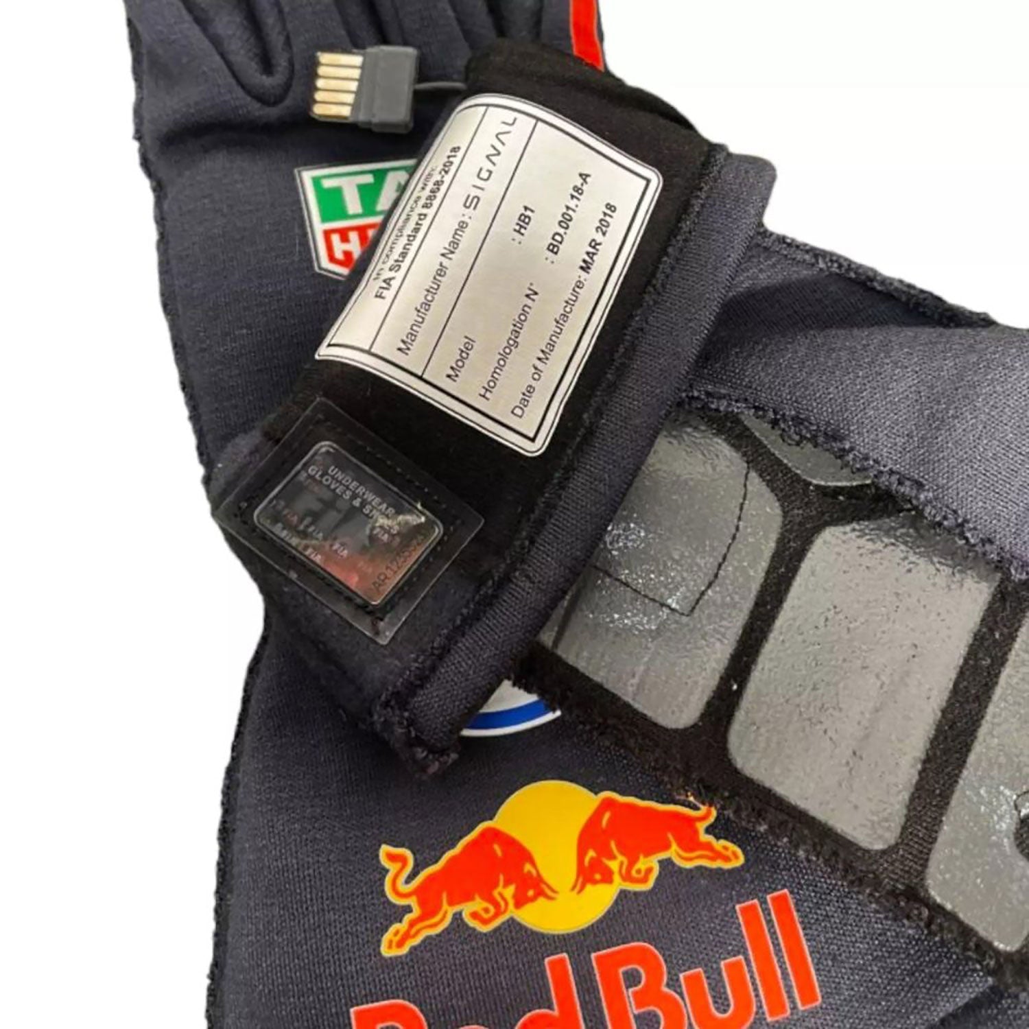 Blue Max Verstappen 2018 Red Bull F1 Race Gloves in close-up detail, showing the palm grip pattern used in GP racing conditions