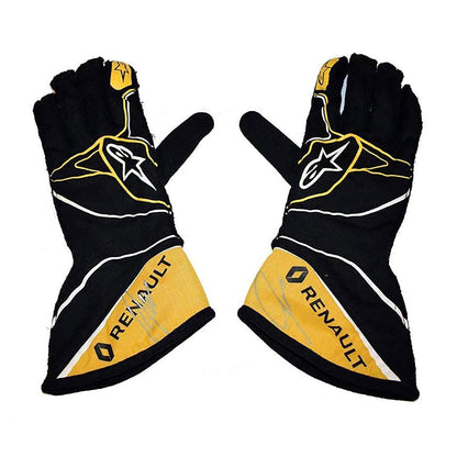 Black Nico Hülkenberg 2018 Renault F1 Race Gloves laid flat, front view, showing the full racing design and replica stitching