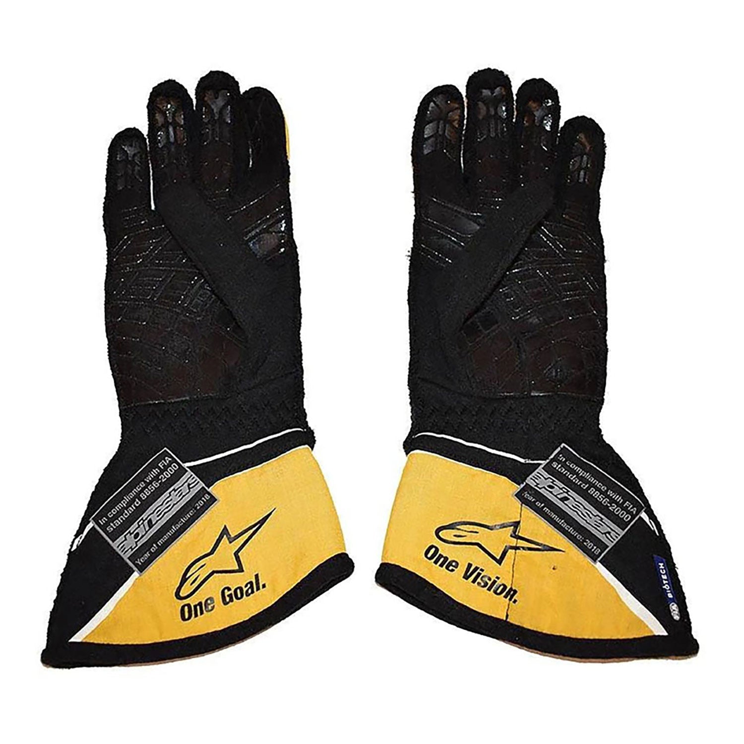 Black Nico Hülkenberg 2018 Renault F1 Race Gloves shown back side, highlighting the wrist strap and grip texture for grand prix use