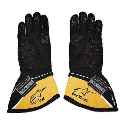 Black Nico Hülkenberg 2018 Renault F1 Race Gloves shown back side, highlighting the wrist strap and grip texture for grand prix use
