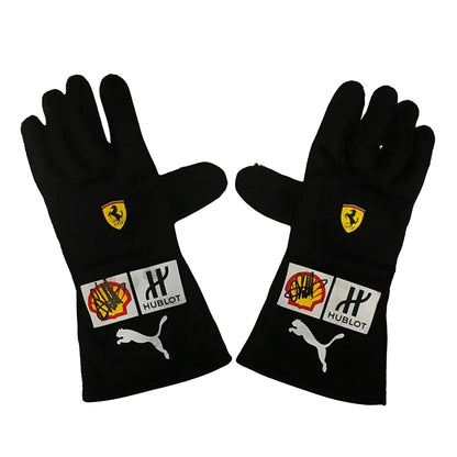 Black Sebastian Vettel 2018 Ferrari F1 Race Gloves laid flat, front view, showing the full racing design and replica stitching