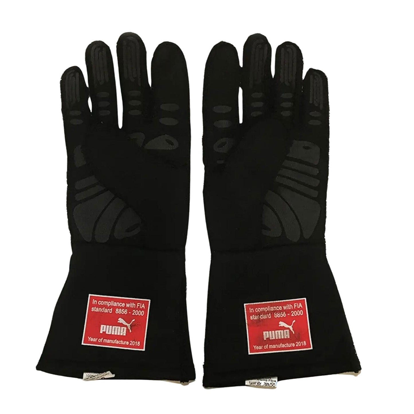 Black Sebastian Vettel 2018 Ferrari F1 Race Gloves shown side-on, highlighting the wrist strap and grip texture for grand prix use