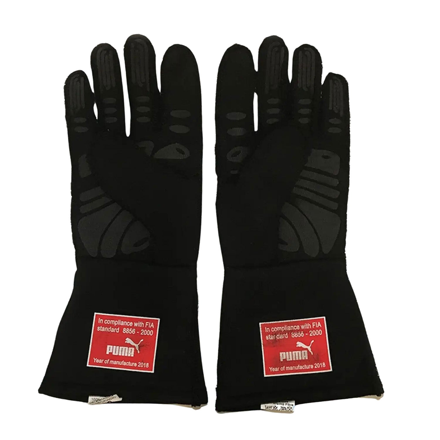 Black Sebastian Vettel 2018 Ferrari F1 Race Gloves shown side-on, highlighting the wrist strap and grip texture for grand prix use