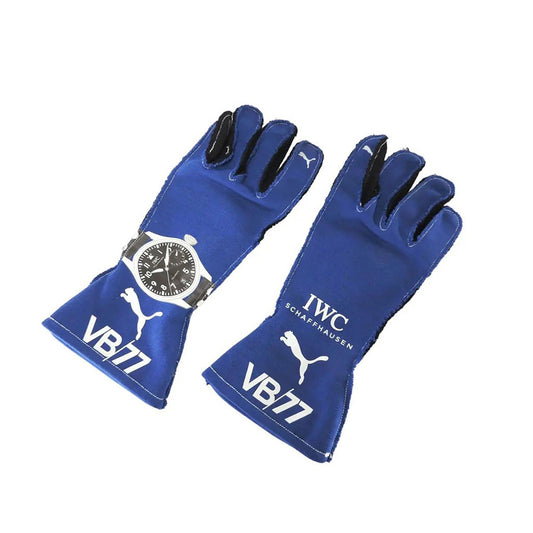 Blue Valtteri Bottas 2018 Mercedes F1 Race Gloves Replica laid flat, front view, showing the full racing design and replica stitching
