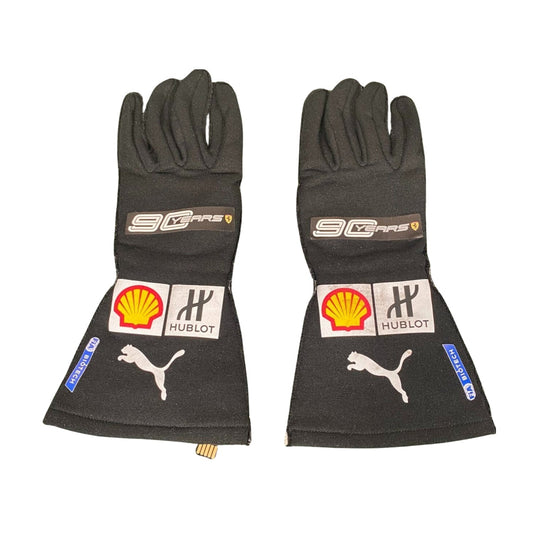 Black Charles Leclerc 2019 Ferrari F1 Race Gloves laid flat, front view, showing the full racing design and replica stitching