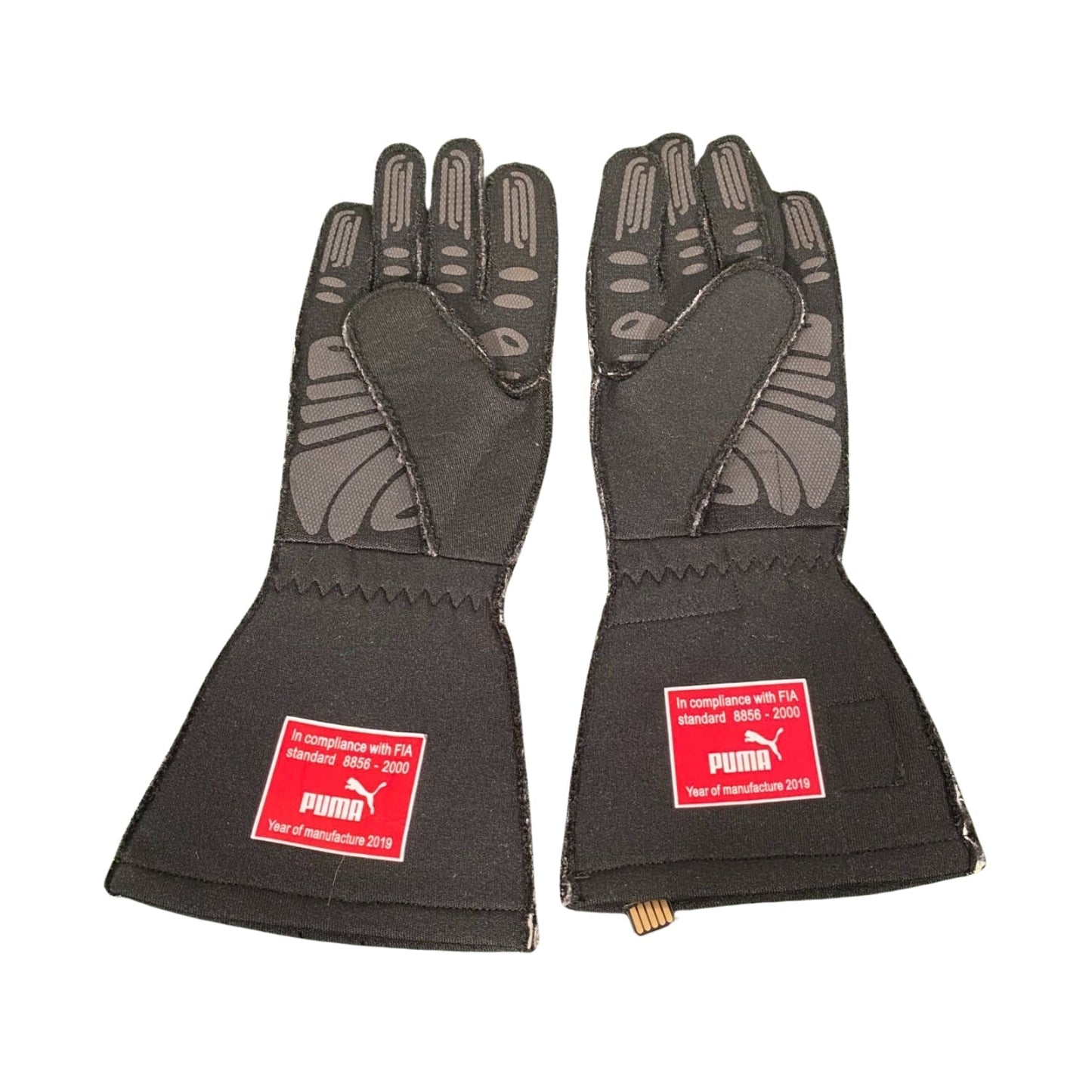 Black Charles Leclerc 2019 Ferrari F1 Race Gloves shown side-on, highlighting the wrist strap and grip texture for grand prix use
