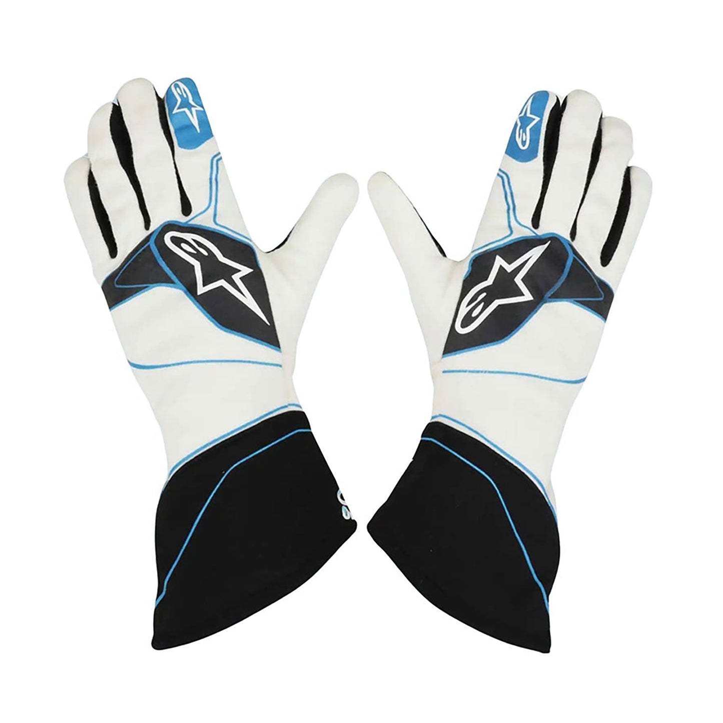 White George Russell 2019 Mercedes Monaco GP F1 Replica Race Gloves laid flat, front view, showing the full racing design and replica stitching