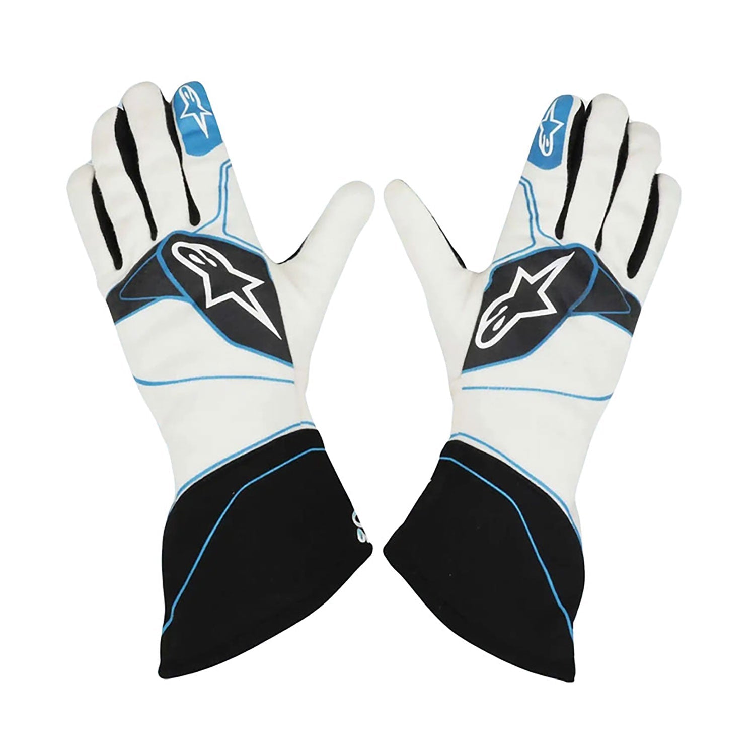 White George Russell 2019 Mercedes Monaco GP F1 Replica Race Gloves laid flat, front view, showing the full racing design and replica stitching