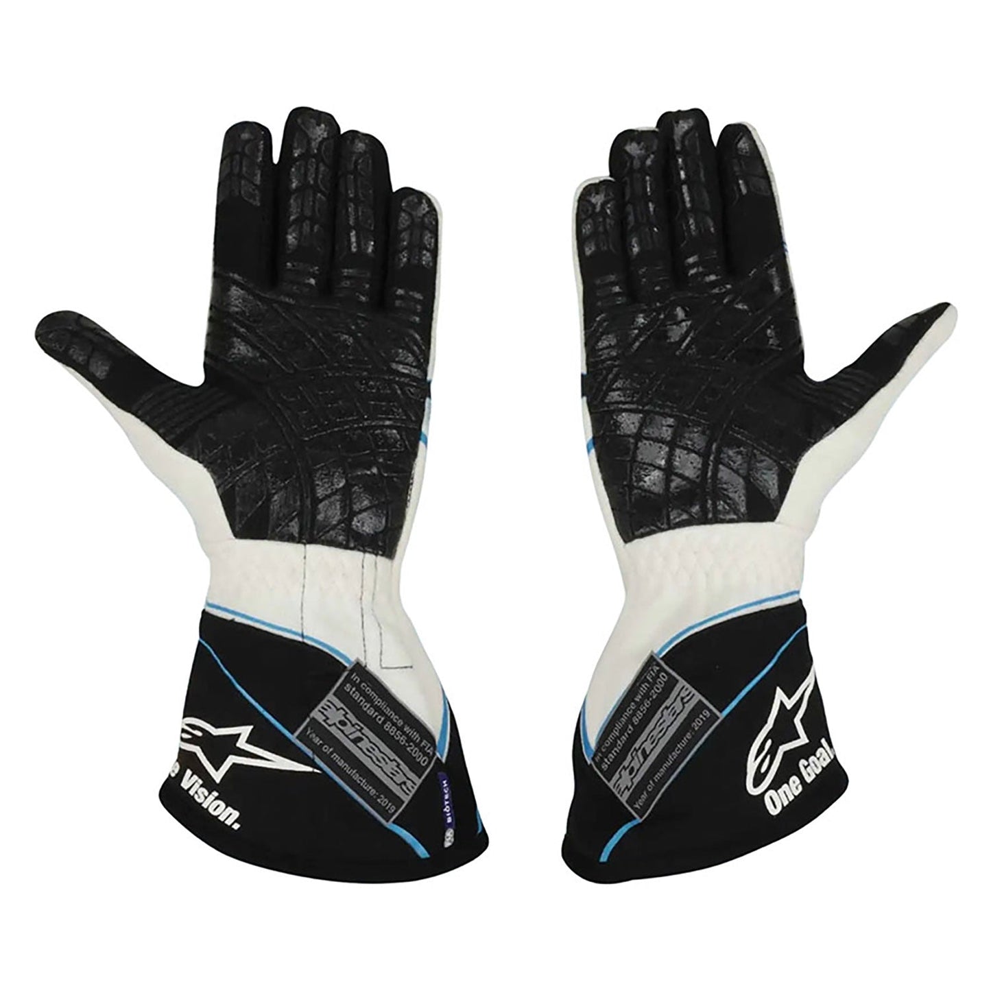 White George Russell 2019 Mercedes Monaco GP F1 Replica Race Gloves shown side-on, highlighting the wrist strap and grip texture for grand prix use