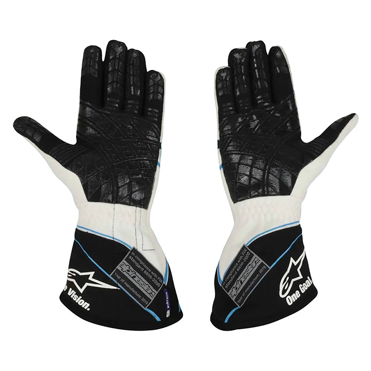 White George Russell 2019 Mercedes Monaco GP F1 Replica Race Gloves shown side-on, highlighting the wrist strap and grip texture for grand prix use